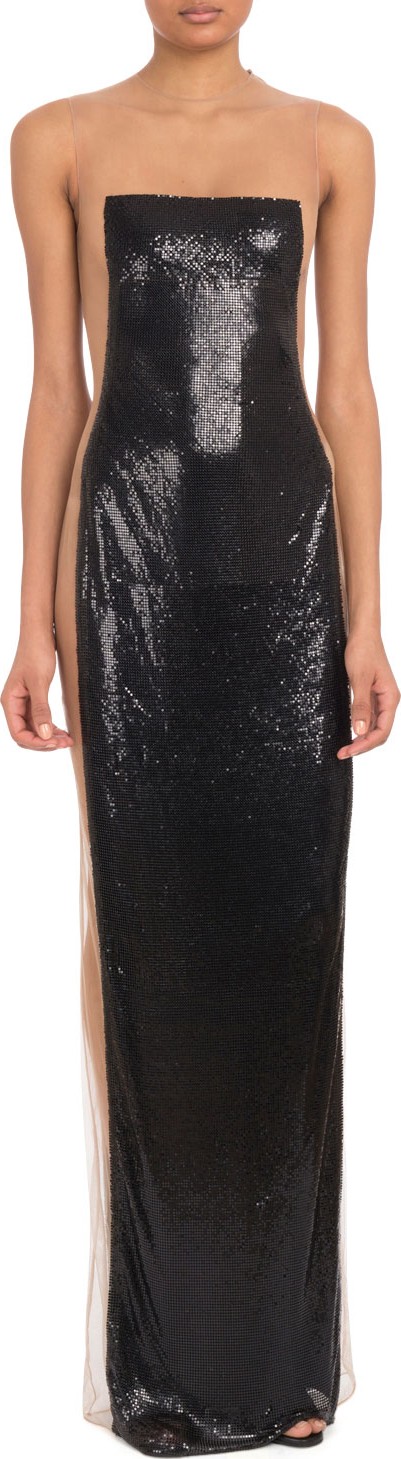 Balmain Strapless Nude Illusion Metal On Tulle Evening Gown