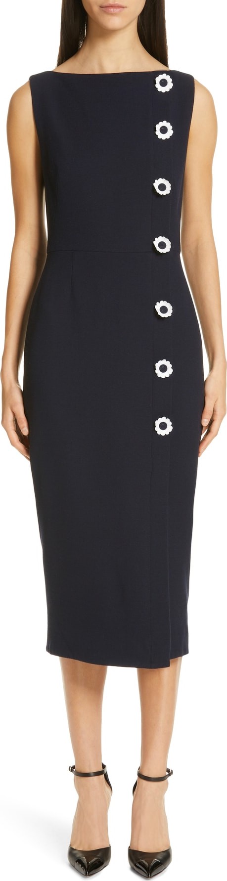 Lela Rose Floral Button Wool Blend Crepe Dress