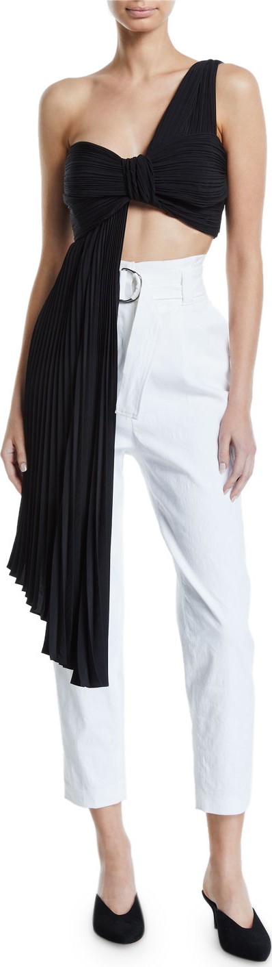 A.L.C. Liv Draped One-Shoulder Plisse Crop Top
