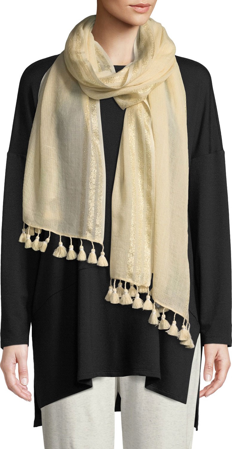 Eileen Fisher Shimmer Wool Pompom-Trim Scarf