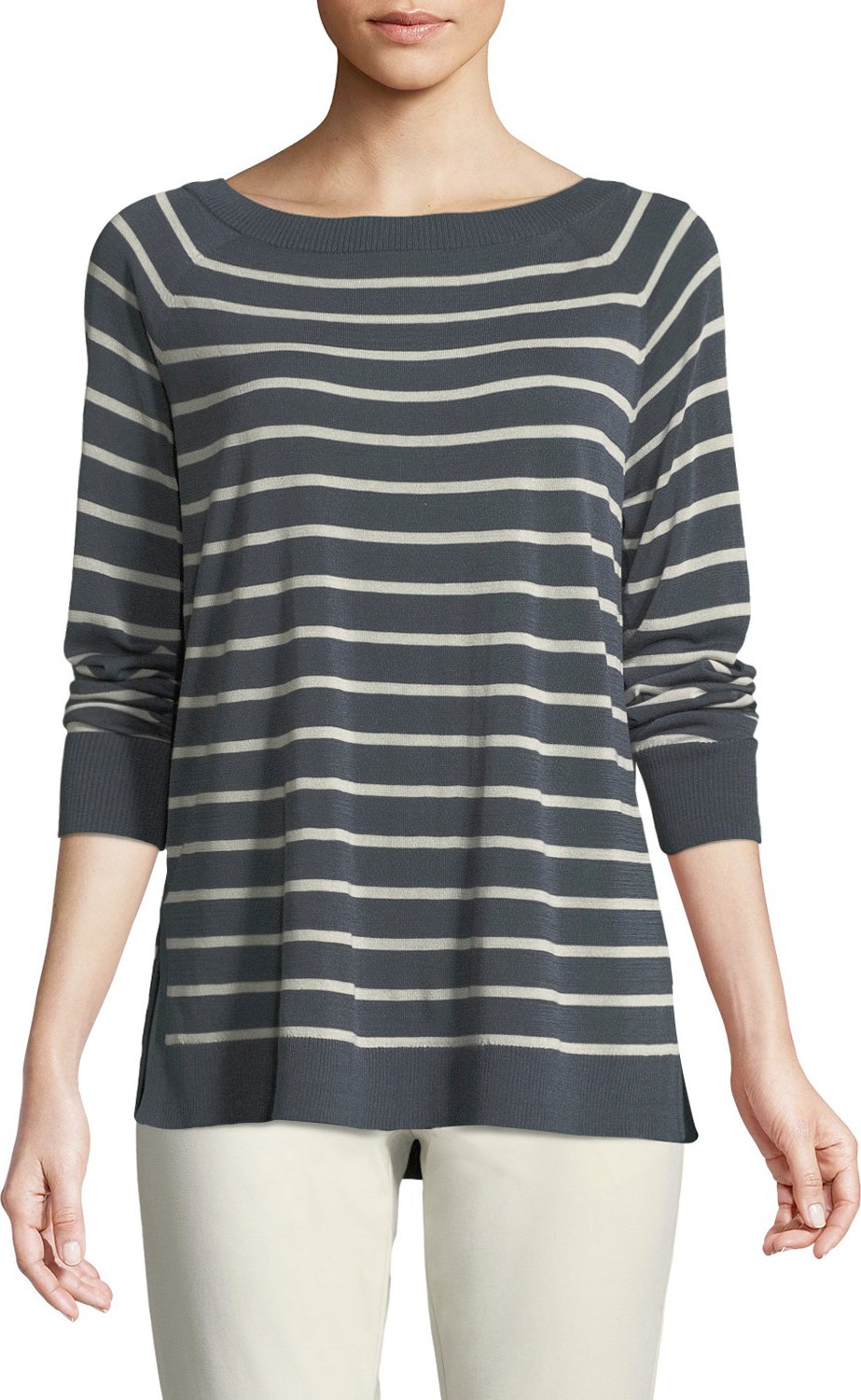 Lafayette 148 New York Fine-Spun Lightweight Striped Raglan Sweater