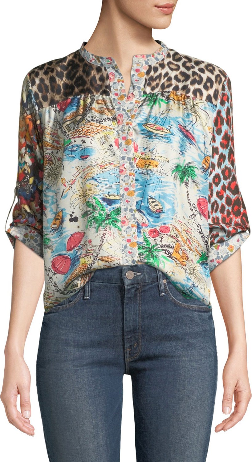 La Prestic Ouiston Graphic-Print Mandarin-Collar Silk Blouse