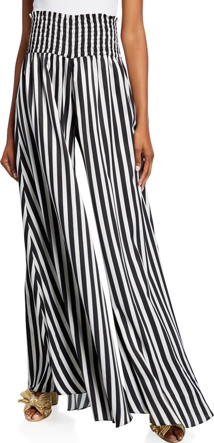 Caroline Constas Smocked Wide-Leg Striped Pants