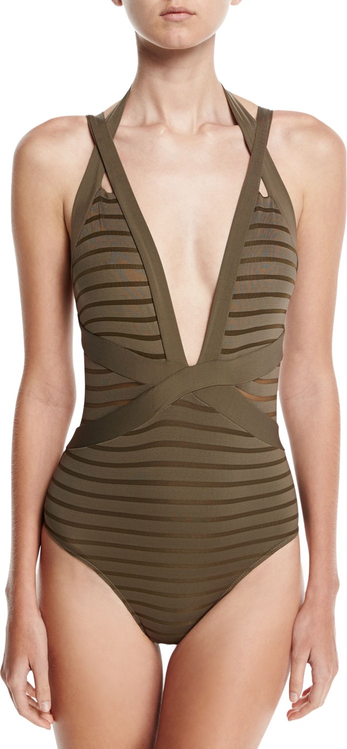 JETS by Jessika Allen Parallels Crisscross Halter One-Piece Swimsuit