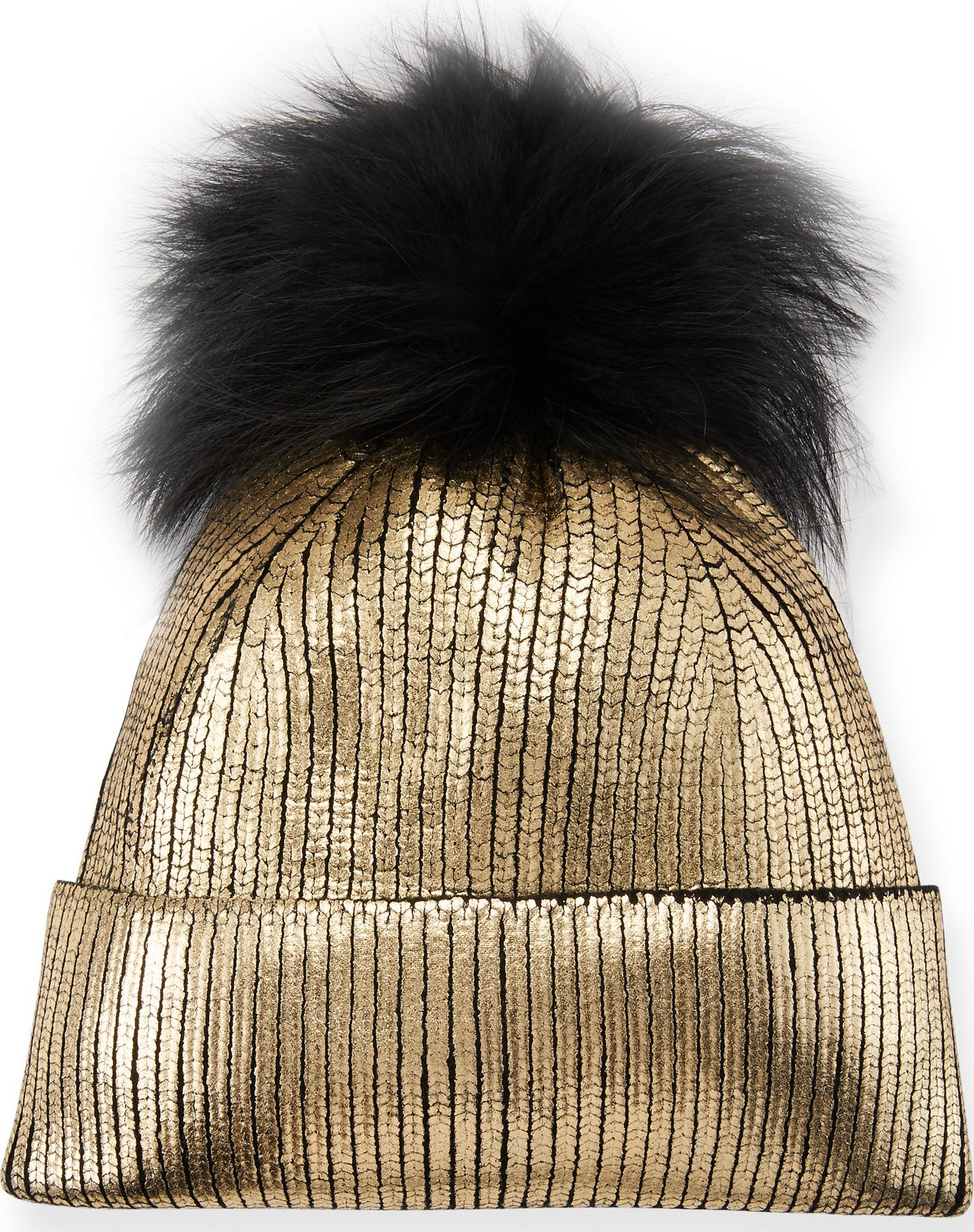 Jocelyn Metallic Fur-Pompom Beanie Hat