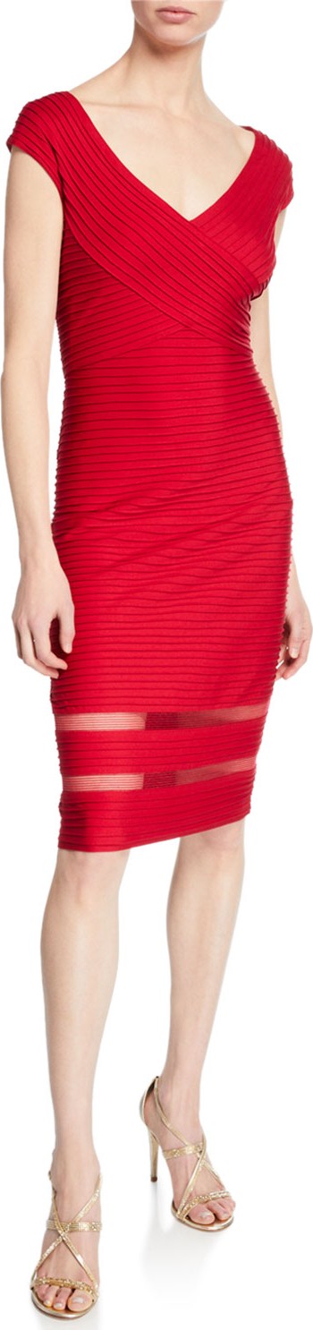 Tadashi Shoji V-Neck Cap-Sleeve Pintuck Sheath Dress w/ Mesh Insets