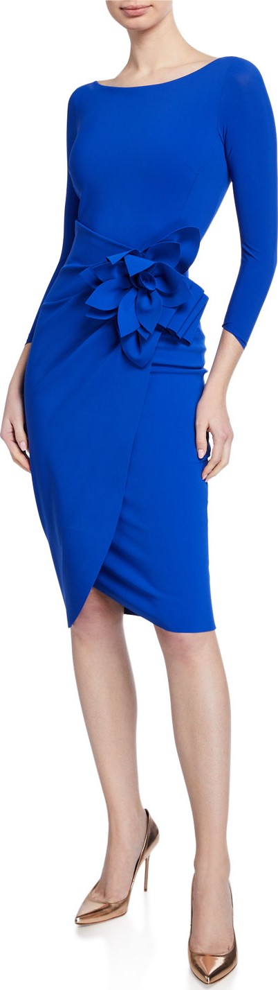 La Petite Robe di Chiara Boni Glenaly Boat-Neck 3/4-Sleeve Dress with Apron Skirt & Flower Detail
