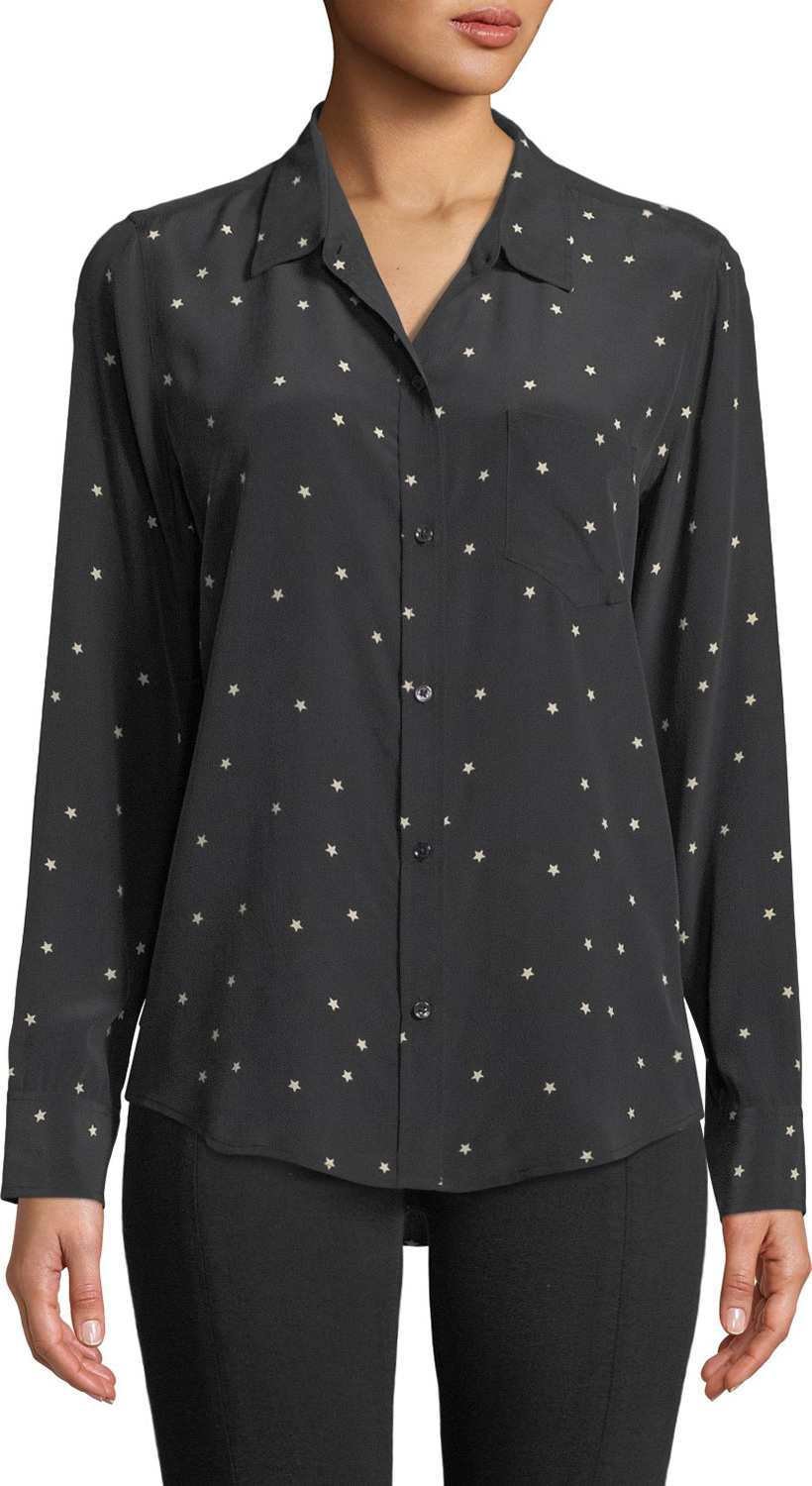RAILS Kate Star-Print Silk Button-Front Shirt with Pocket