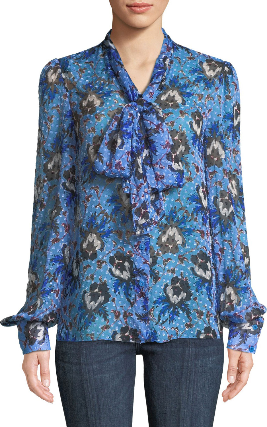 DIANE von FURSTENBERG Lanie Floral Button-Front Tie-Neck Blouse