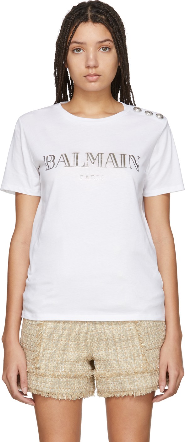 Balmain White Metallic Logo T-Shirt