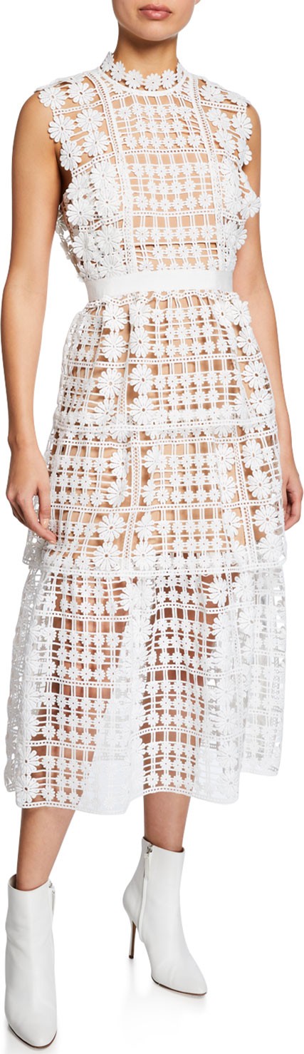 Self Portrait Lattice Tiered Floral Lace Midi Dress