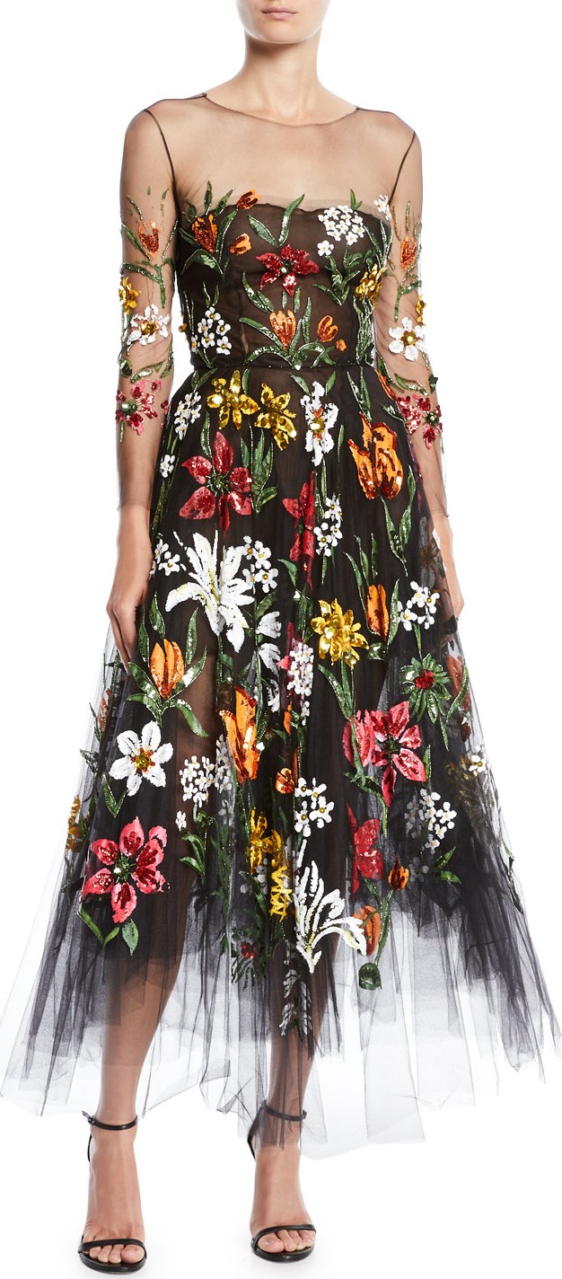Oscar De La Renta Long-Sleeve Fit-and-Flare Floral Harvest Embroidered Tulle Evening Gown