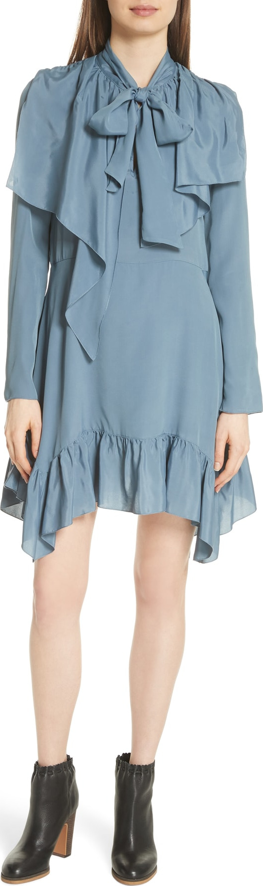 See By Chloé Tie Neck Ruffle Hem Dress