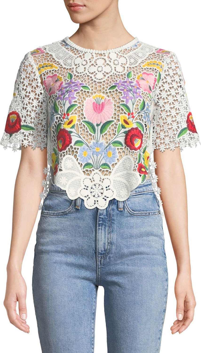 Saylor Crewneck Short-Sleeve Floral Embroidered Lace Crop Top