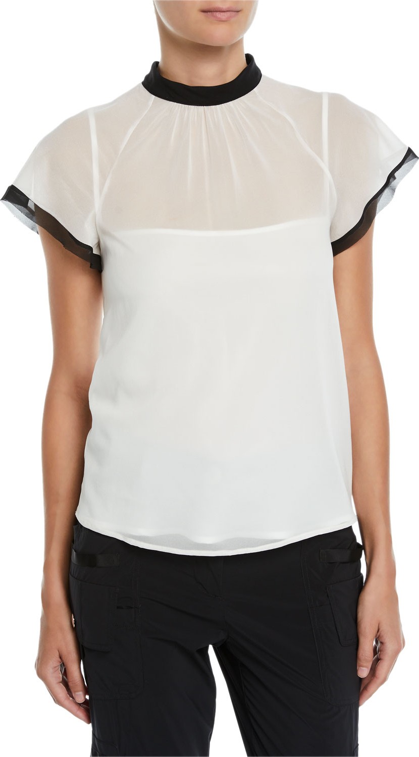 RED Valentino Contrast-Trim Back-Tie Sheer Top