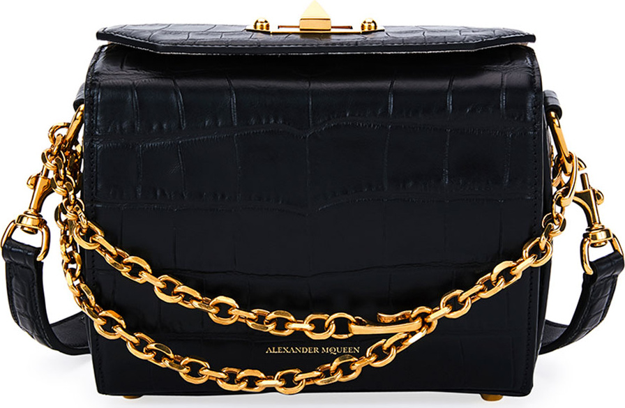 Alexander McQueen Box 19 Crocodile-Embossed Satchel Bag, Black