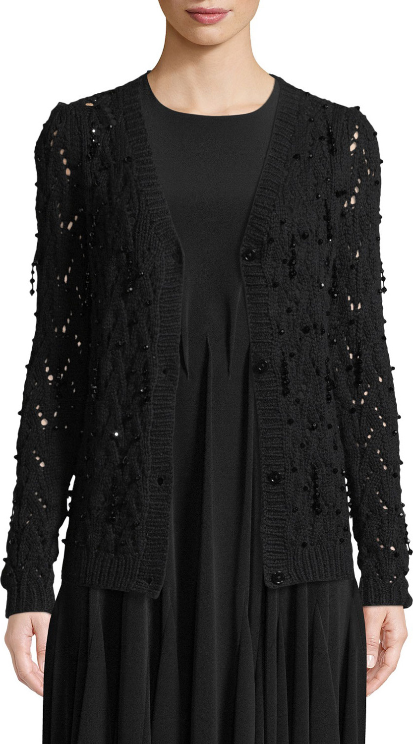Co Bead-Embellished Hand-Knit Crochet Wool-Cashmere Cardigan