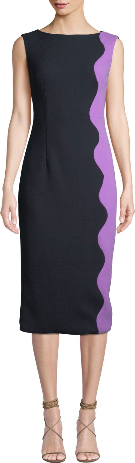 Lela Rose Boat-Neck Sleeveless Wave-Pattern Sheath Dress
