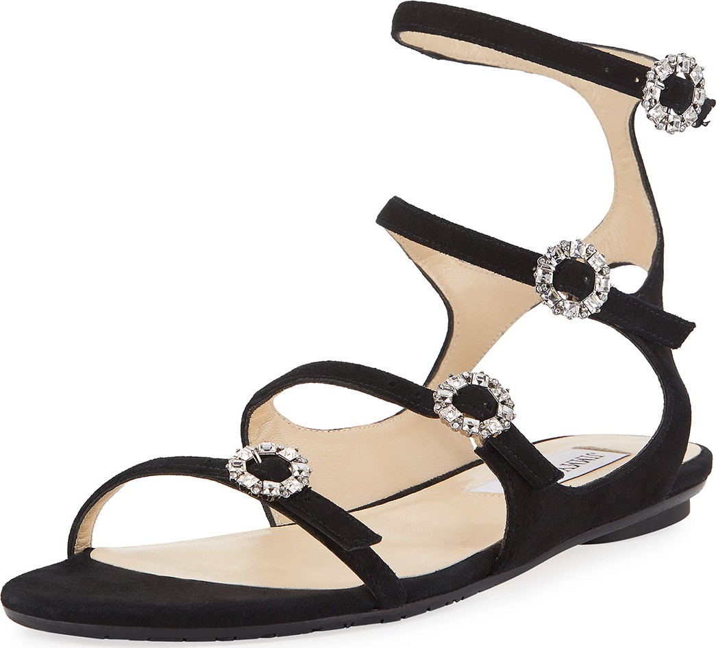 Jimmy Choo Naia Suede Flat Sandal with Crystal Buckles, Black