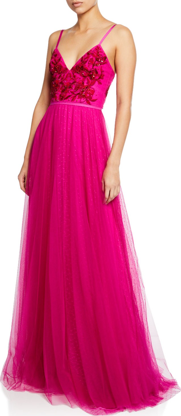 Marchesa Notte V-Neck Sleeveless Embroidered Beaded Bodice Point D'Esprit Gown