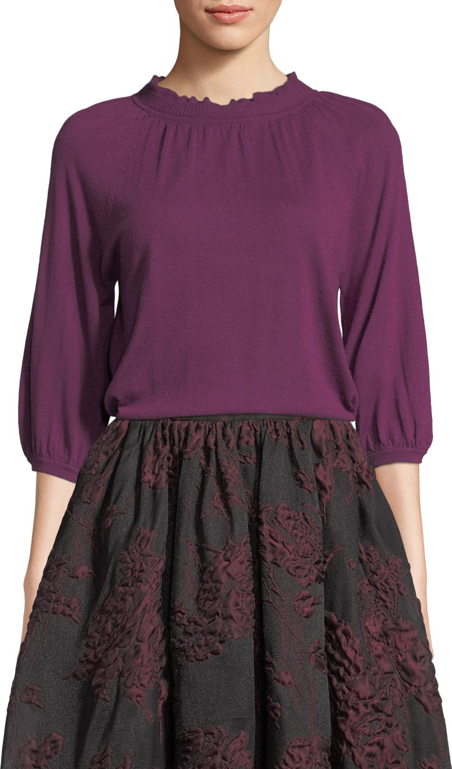 Co Scallop-Neck 3/4-Sleeve Fine Cashmere Knit Top