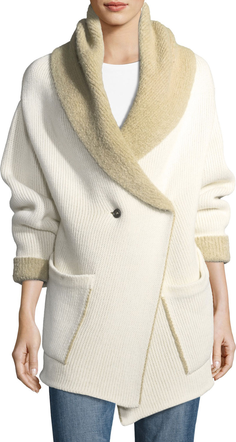 Woolrich Double-Breasted Boucle Shawl-Collar Alpaca-Knit Jacket