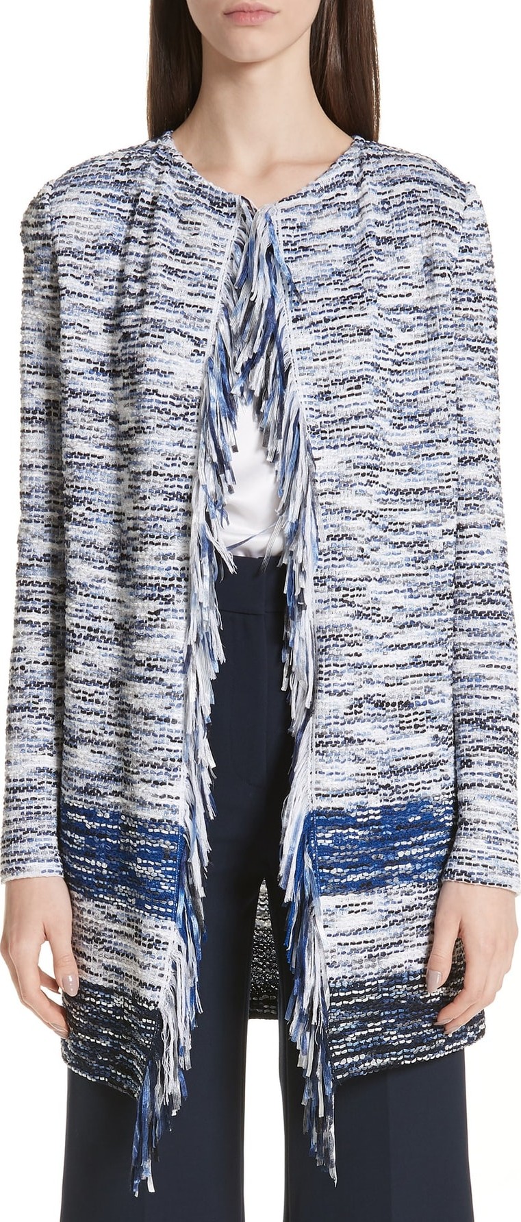 St. John Vertical Fringe Multicolored Tweed Knit Topper