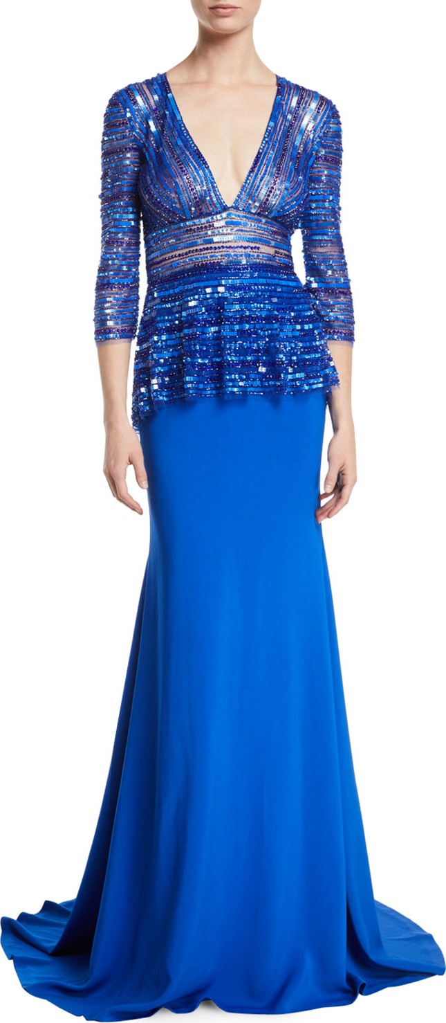 Naeem Khan Plunging-V 3/4-Sleeve Beaded-Top Trumpet Evening Gown