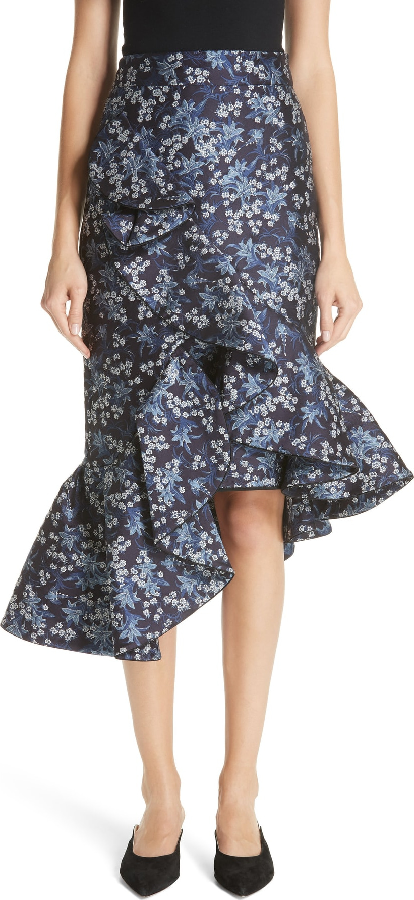 Johanna Ortiz Belladonna Floral Jacquard Ruffle Skirt