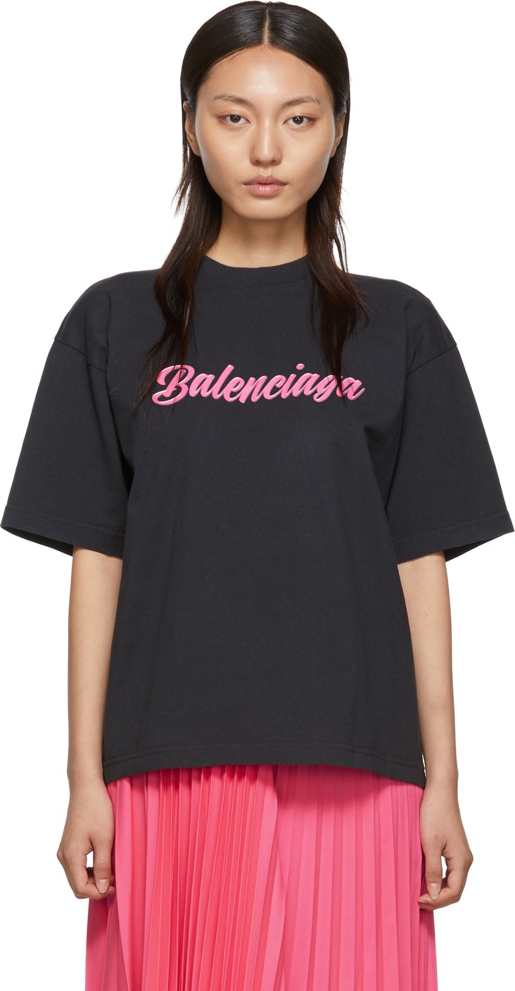 Balenciaga Black & Pink Glossy Back Pulled T-Shirt