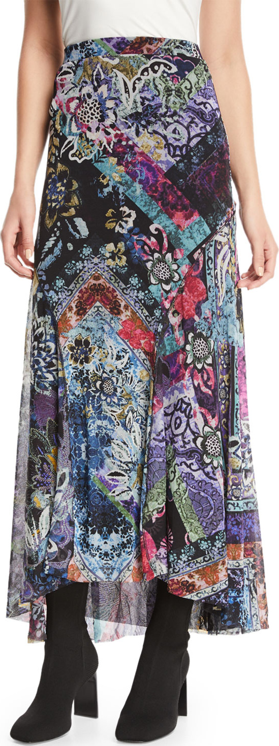 Fuzzi Floral-Print Long Godet Skirt