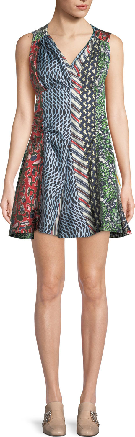 Carven Mixed-Print Silk Flared Dress