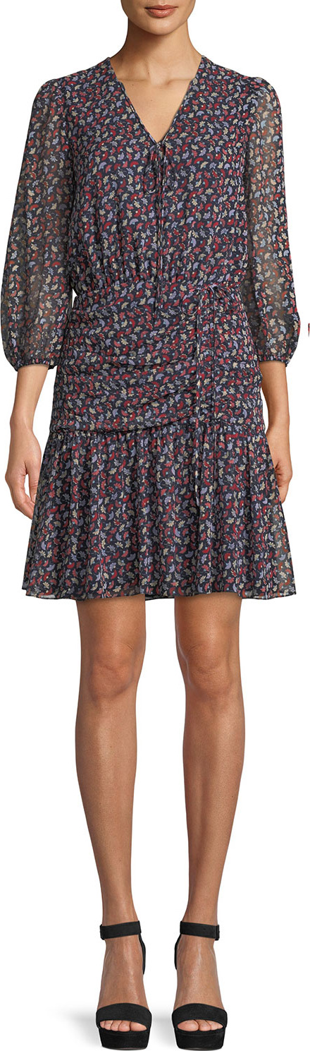 Shoshanna Bari Shirred Floral-Print Silk Dress