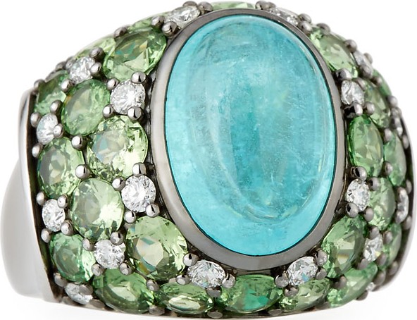Alexander Laut Paraiba Tourmaline Cabochon & Green Tsavorite Ring, Size 7
