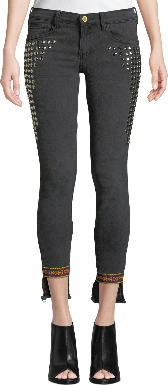 Etienne Marcel Studded Step-Hem Skinny Jeans with Trim