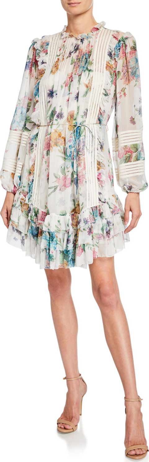 Zimmermann Ninety-Six Linear Floral Ruffle Short Dress