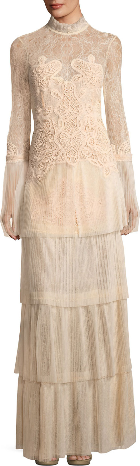 Jonathan Simkhai Long-Sleeve Tiered Dimensional Lace Gown