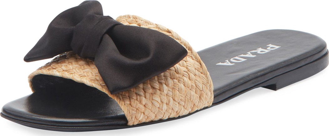 Prada Raffia Bow Flat Slide Sandals