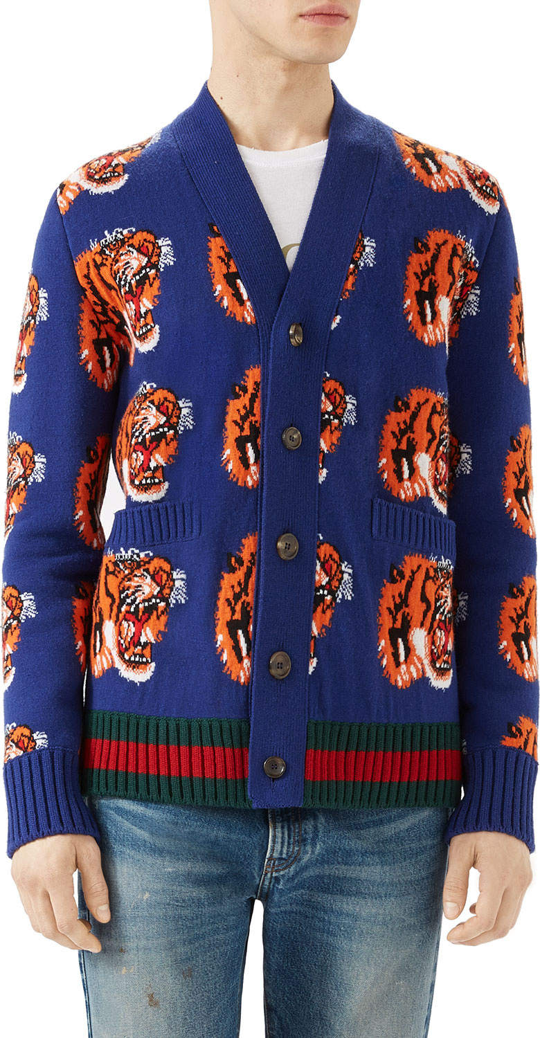 Gucci Tiger Jacquard Wool Cardigan, Dark Blue