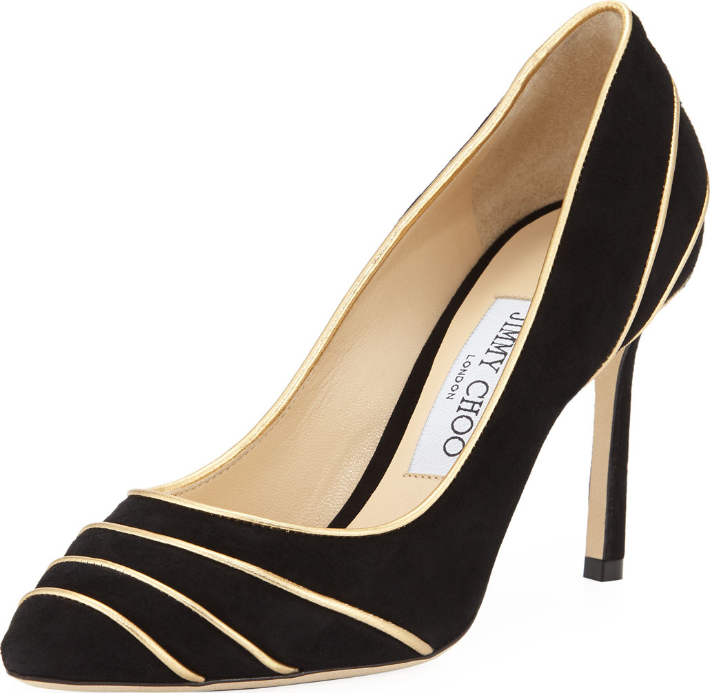 Jimmy Choo Romy Suede Pumps with Metallic Piping
