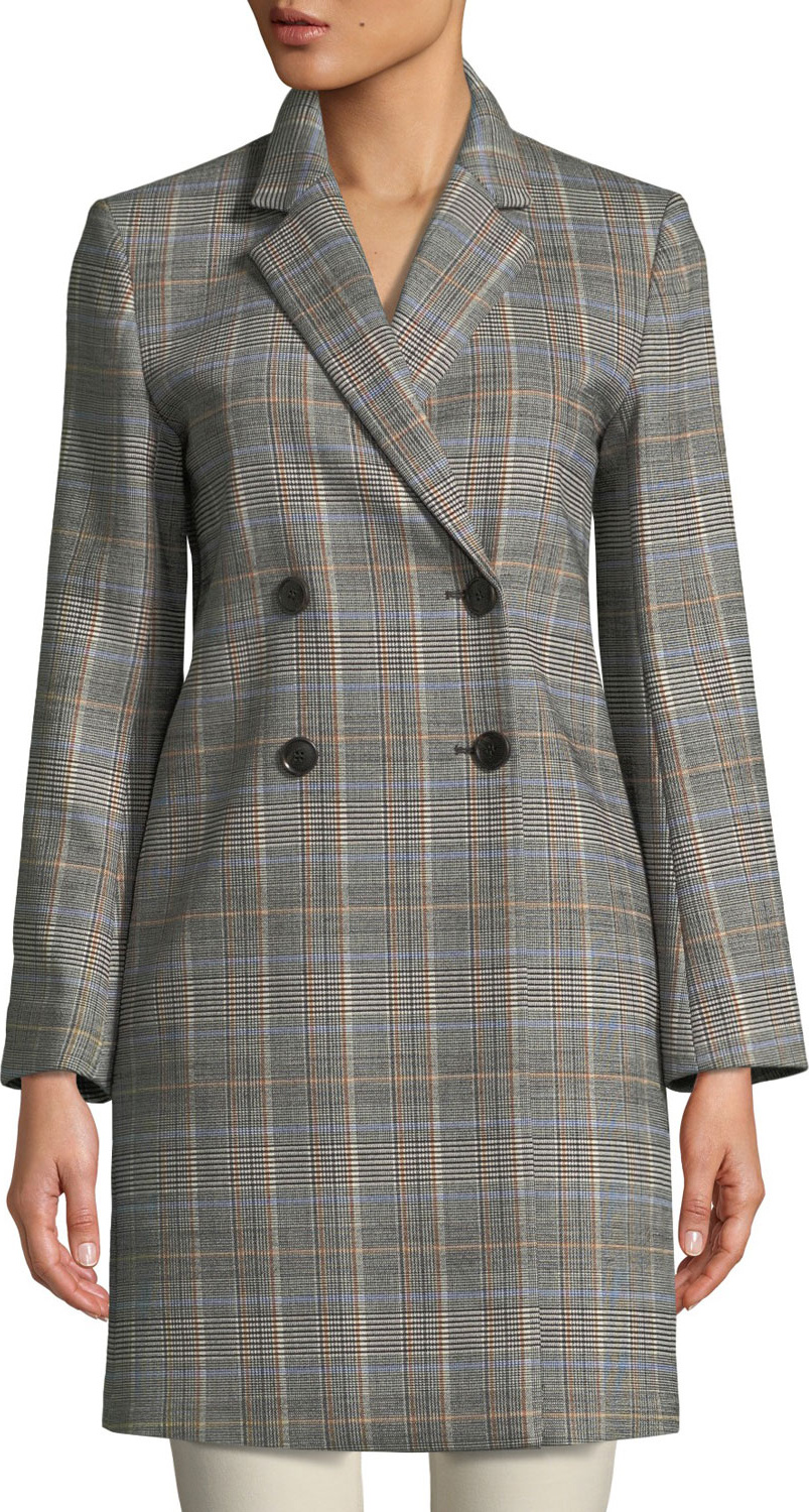 Theory Double-Breasted Plaid Wool Coat
