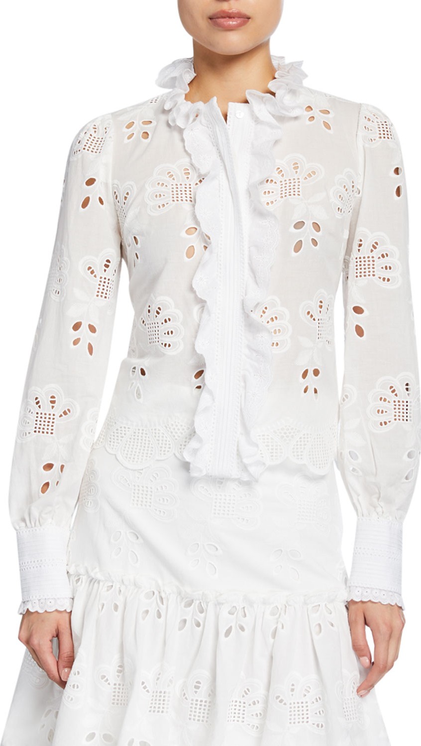 Alexis Banha Long-Sleeve Button-Down Eyelet Ruffle Top