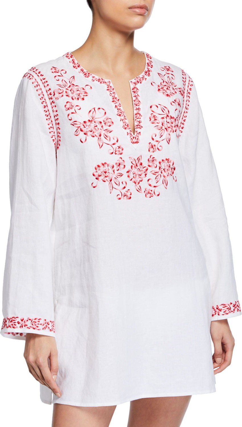 Johnny Was Azalea Embroidered Linen Long-Sleeve Tunic