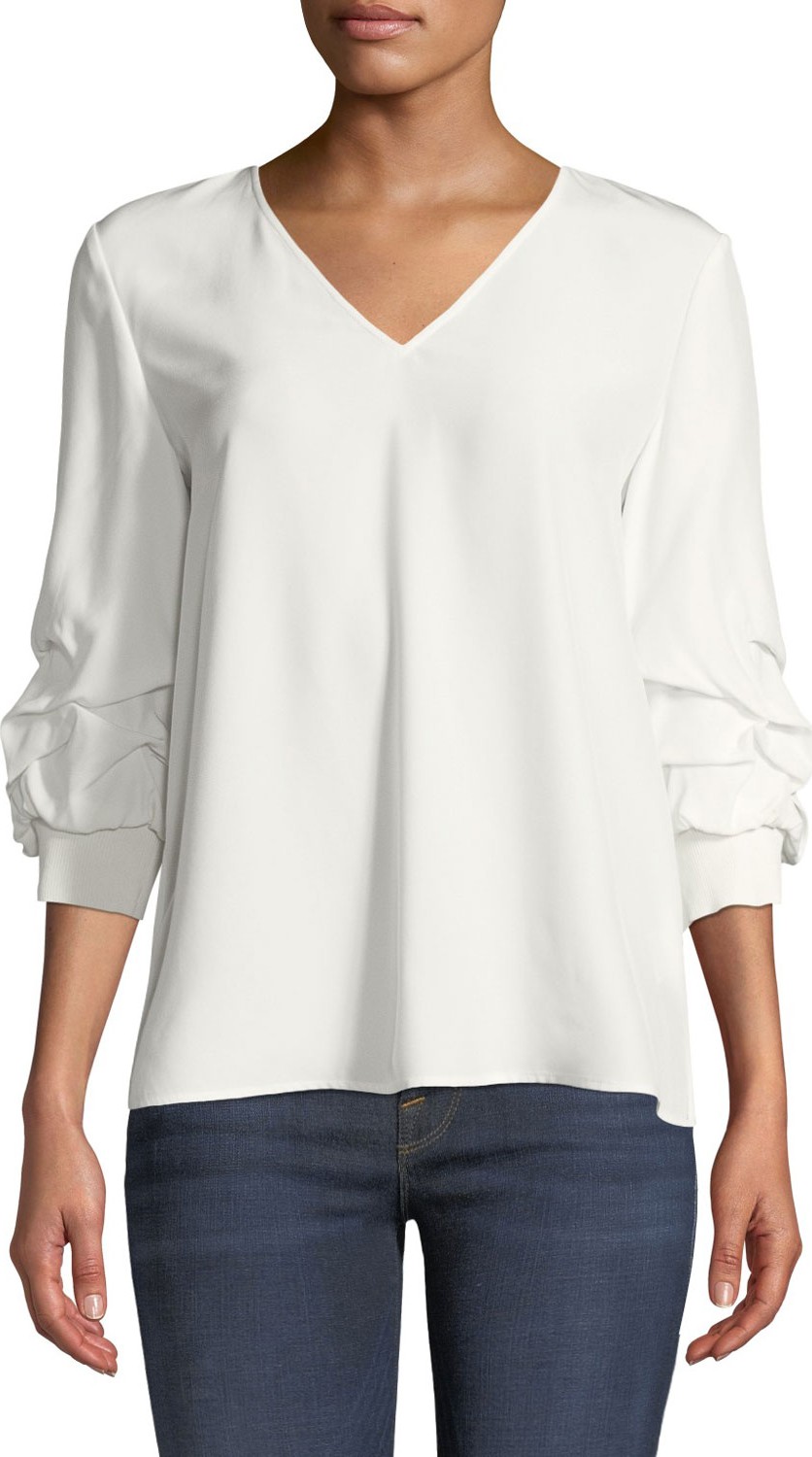 Lafayette 148 New York Leland Gathered-Sleeve Silk Blouse, White Cloud