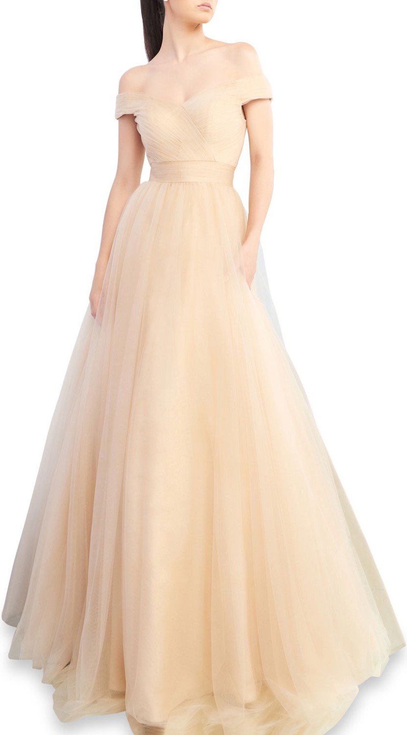 Ieena for Mac Duggal Off-the-Shoulder Short-Sleeve Tulle A-Line Gown