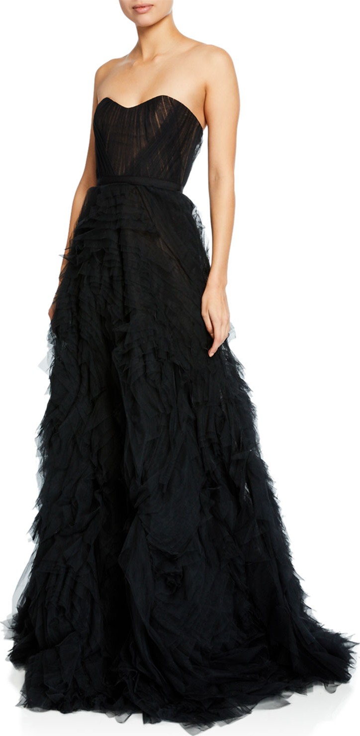 Marchesa Notte Strapless Textured Tulle A-Line Gown w/ Corset Bodice