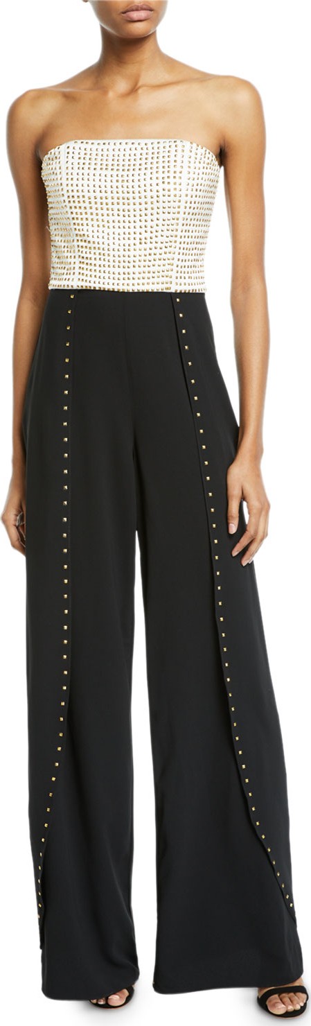 Alice + Olivia Angelica Studded Open-Pleat Bustier Jumpsuit Alice + Olivia Angelica Studded Open-Pleat Bustier Jumpsuit