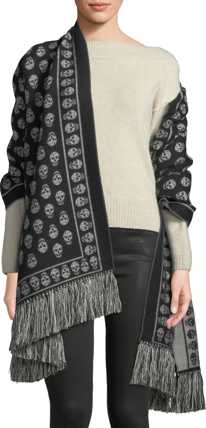 Alexander McQueen Extra Large Skull Scarf w/ Fringe Trim
