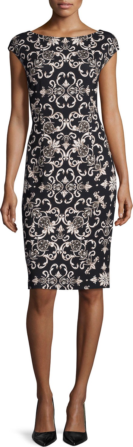 Escada Cap-Sleeve Heritage Printed Sheath Dress, Sand Dune