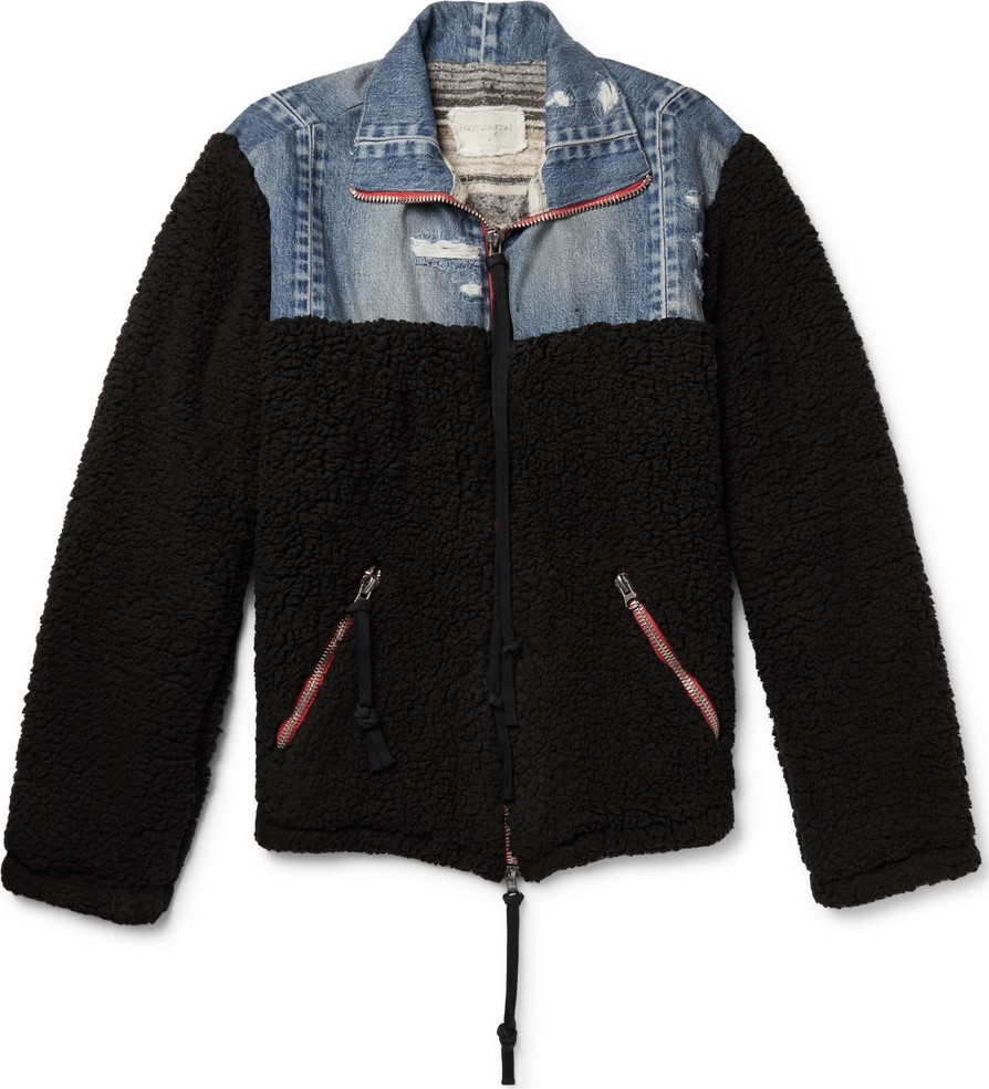 Greg Lauren Panelled Distressed Denim and Fleece Jacket